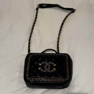 Black Quilted Shoulder Bag with Gold Chain Accent